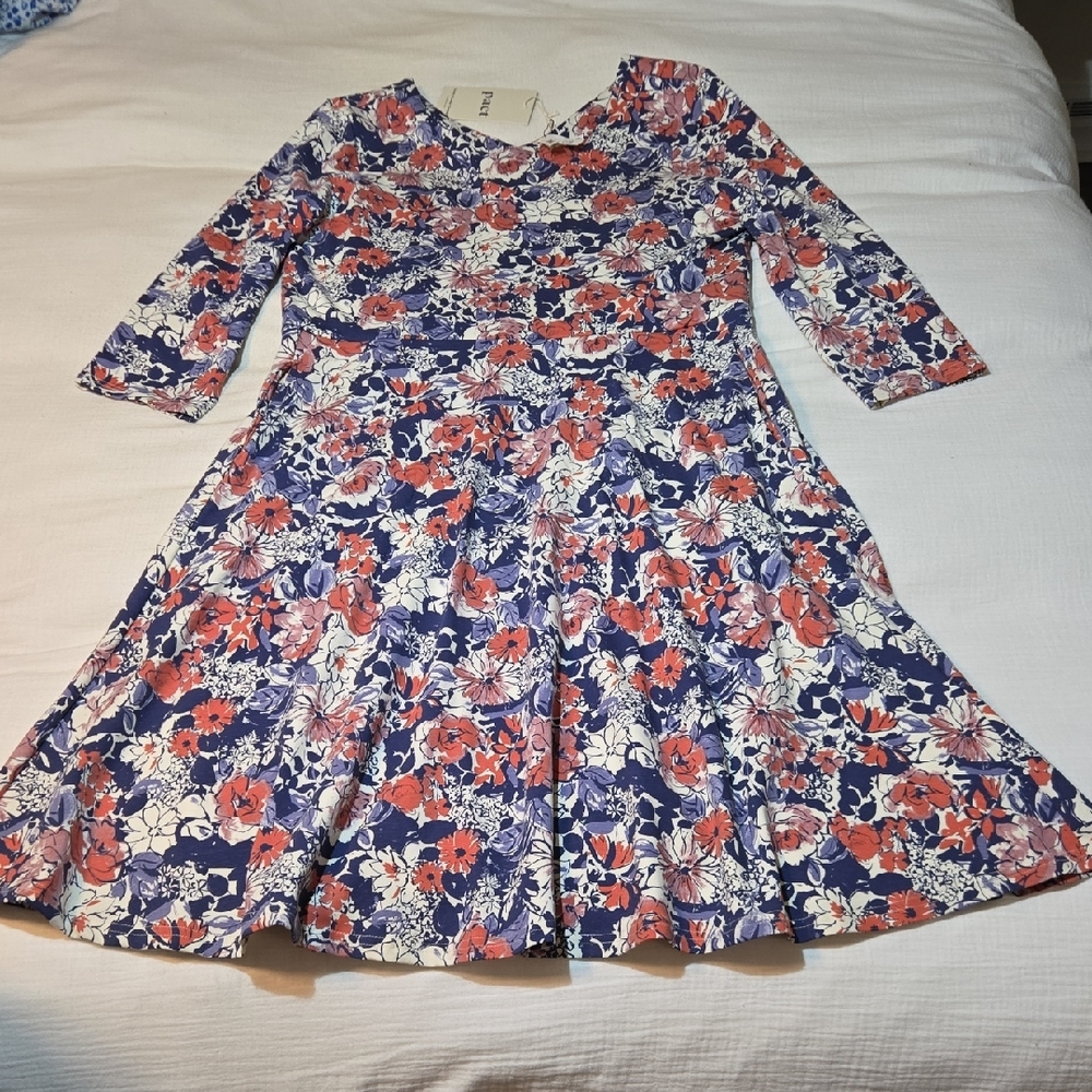 Pact Floral Dress, 1/3 Sleeves, V-neck, Flare Midi, Navy Orange, Size L, NWT